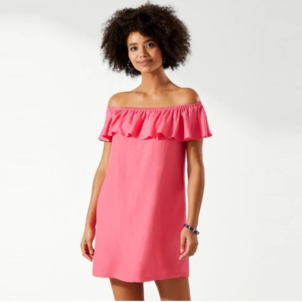Tommy Bahama Off Shoulder Linen Blend Dress Paradise Coral Size XS